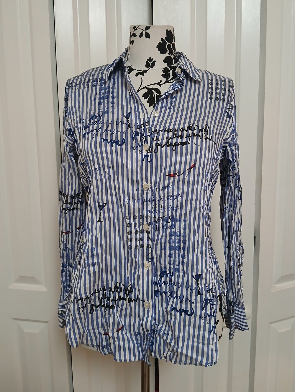 Chico's Blue and White Striped Button-Up Shirt with Script Print